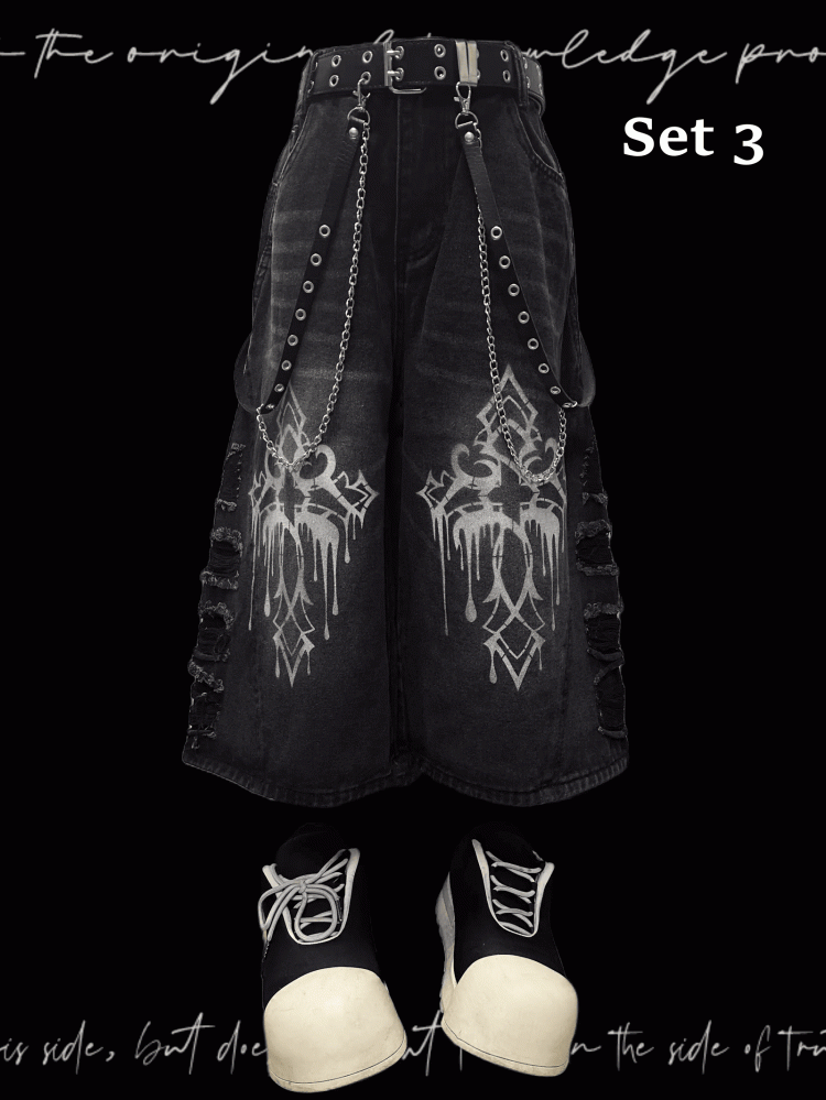 Wide-Leg Jeans Hem Raw Dark Gray Cross Print Distressed Holes