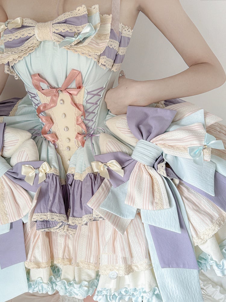 Purple Bowknots Skirt Big Lace-up Basque Waist Tiered Ruffle Sweet Lolita Dress and with Blue on