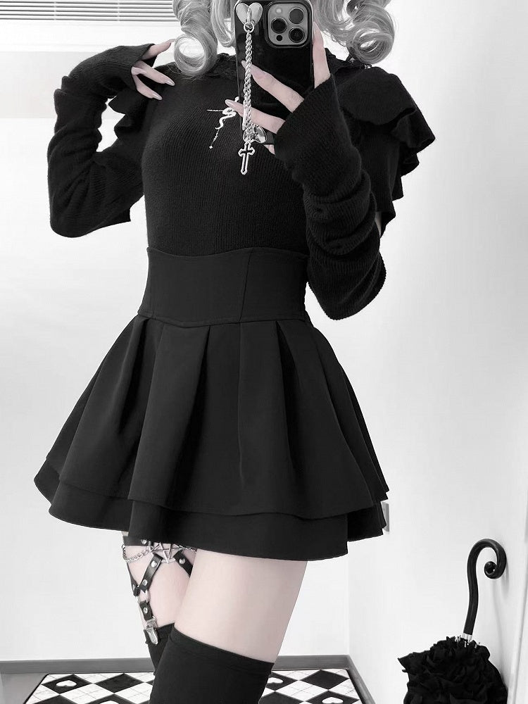 Knit Top with Snake Embroidery Mock Neck Gothic Flutter and Sleeves Black