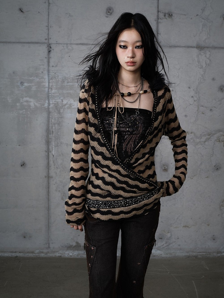 Bustier Set Top Brown Knit Striped Deconstructed Wing Black Print