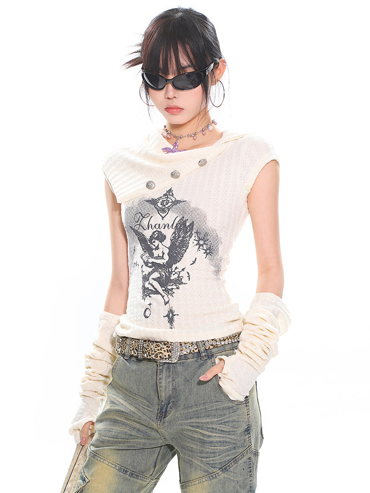 Collar Daily Knit T-shirt with Angel Print Asymmetrical Kawaii Beige