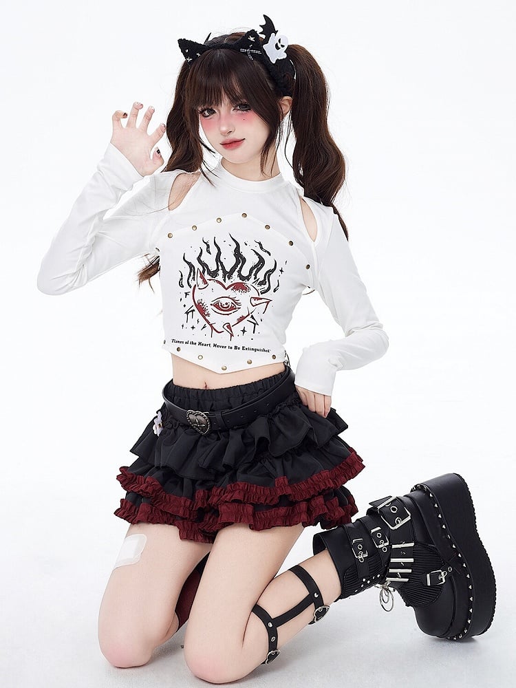 Hem Free with Punk Belt Ruffle Skirt Black Waist Tiered