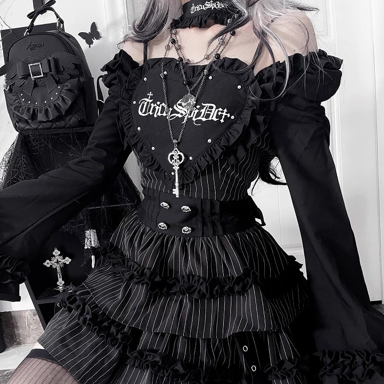 Pattern Off-the-shoulder Letter Neckline Print Bell Black Sleeves Striped Gothic Dress