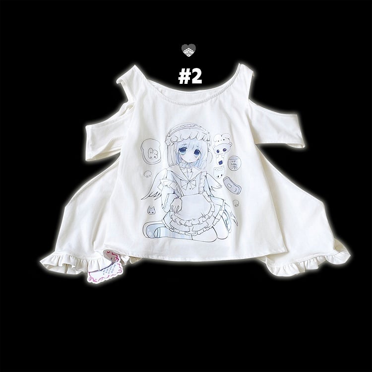 Yami Kawaii Cartoon Print Cutout Shoulder White Jirai Kei T-shirt