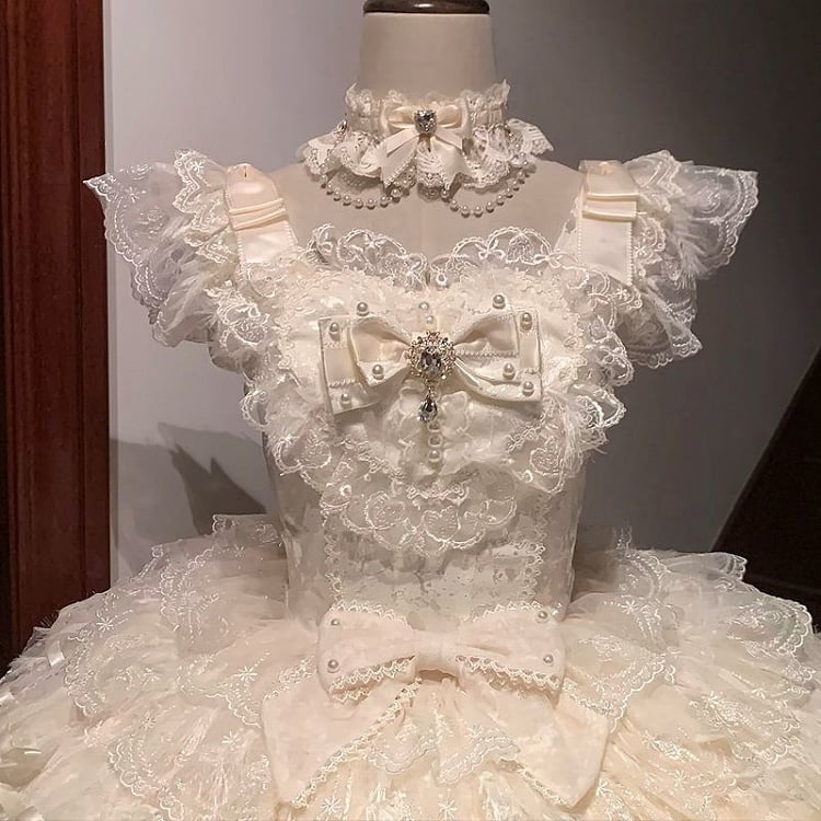 Lolita Butterfly Apricot Fabric Hime Hanayome Tiered Skirt Dress Bodice