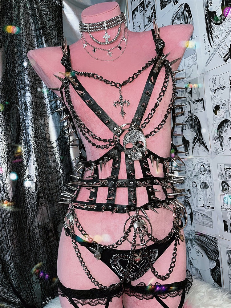 Schwarzes Punk-PU-Harnisch mit Skelett-Nieten-Detail