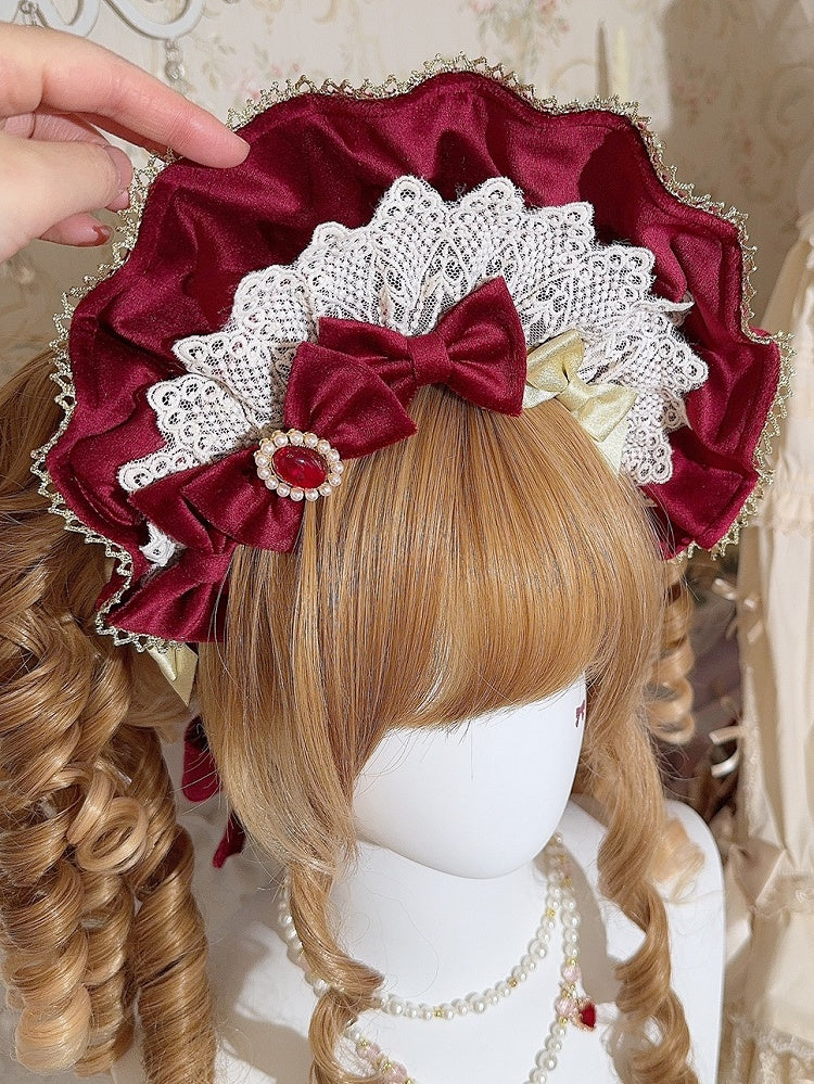 Wine Velvet Red/Black + Matte Bonnet 4 Bowknot Brooches Trim Lace