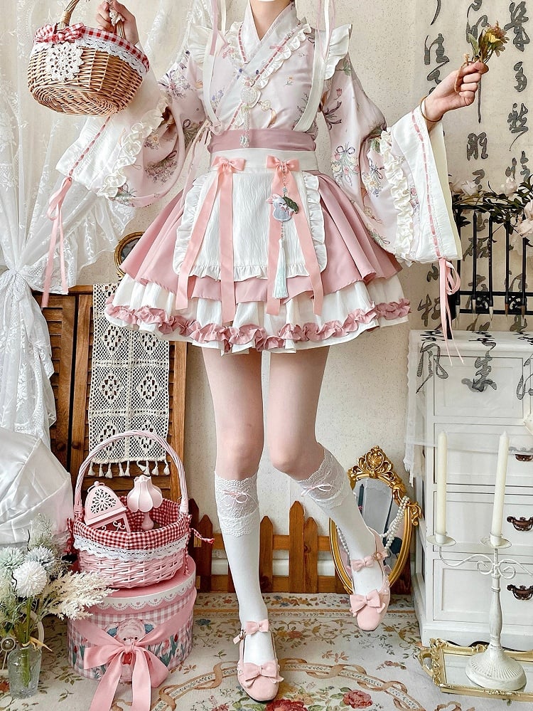 Han Pink Blossom Crossover Skirt Top Outfit Neckline Sakura Cherry Festival + Herbal Medicine Lolita Set
