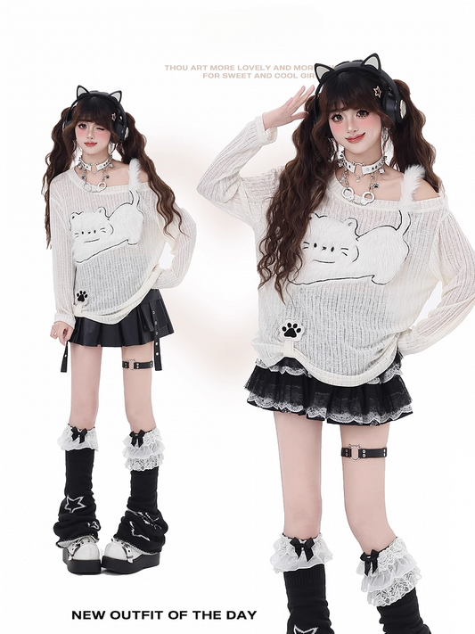 Beige Asymmetrical Neckline Cat Applique Semi-sheer Top