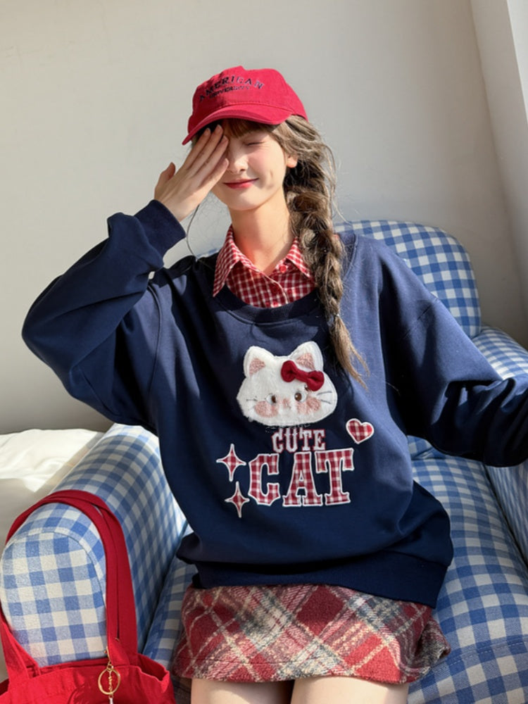 Sweatshirt with Detachable Red Applique Navy Kitty Embroidery Blue Collar Plaid