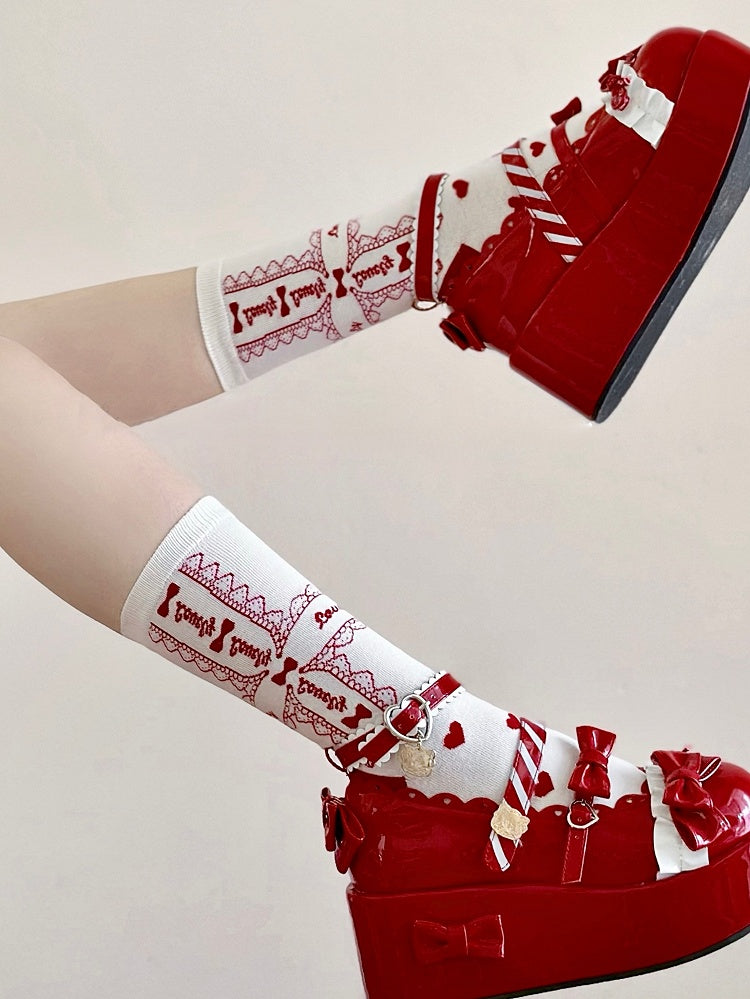 Socks Pattern Print Calf White Heart Lolita Bowknot Lace and Red