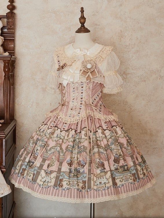 Sweet with Corset Neckline Lacing Printed Bear Square Lolita Dress Pink
