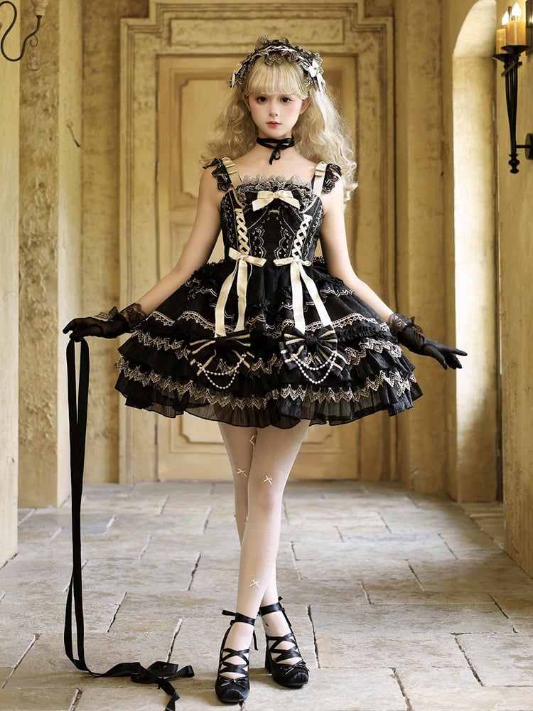 Bead Black Princess Decorated Dress Bows Lolita Tiered Skirt Chain