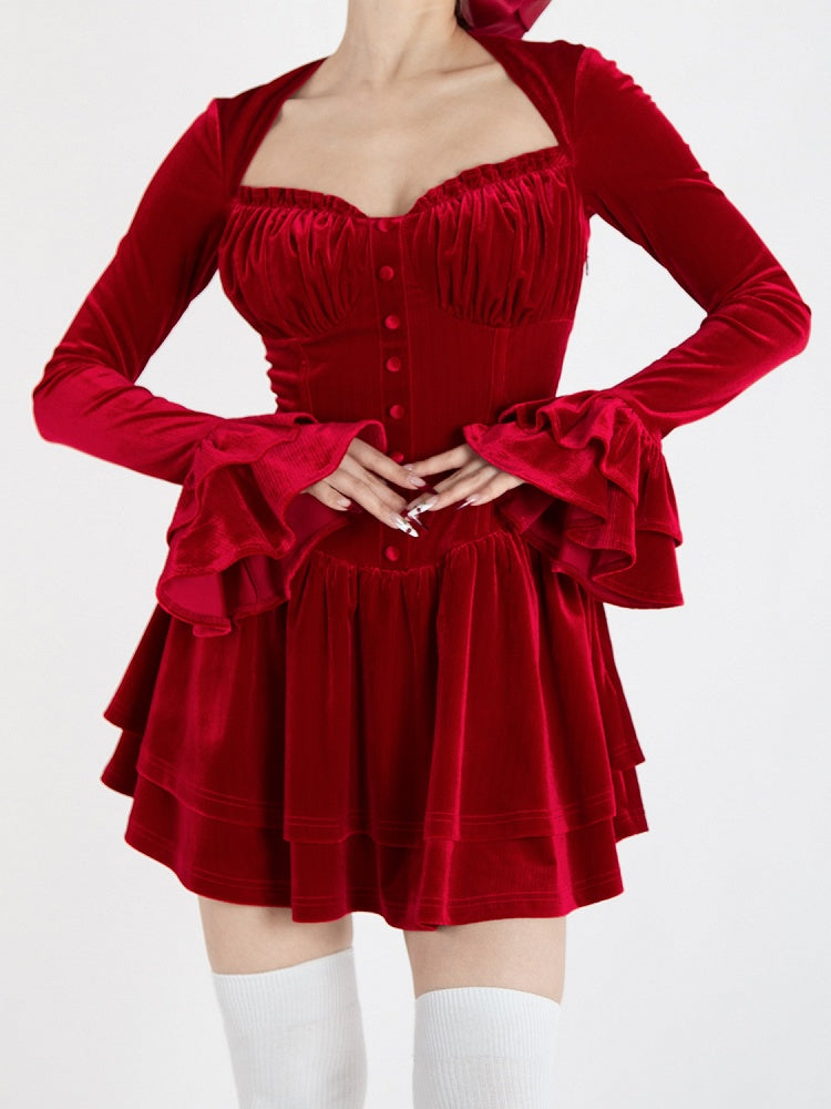 レッドベルベットのVネックベルスリーブグラマラスティアードスカートミニドレス