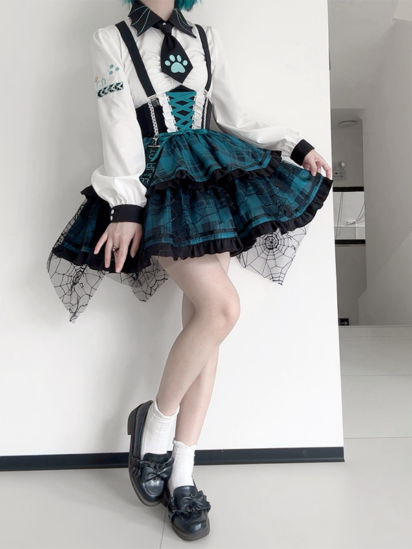 Overall Punk and Lace-up Waist Black Plaid Detail Corset Lolita Dress Green