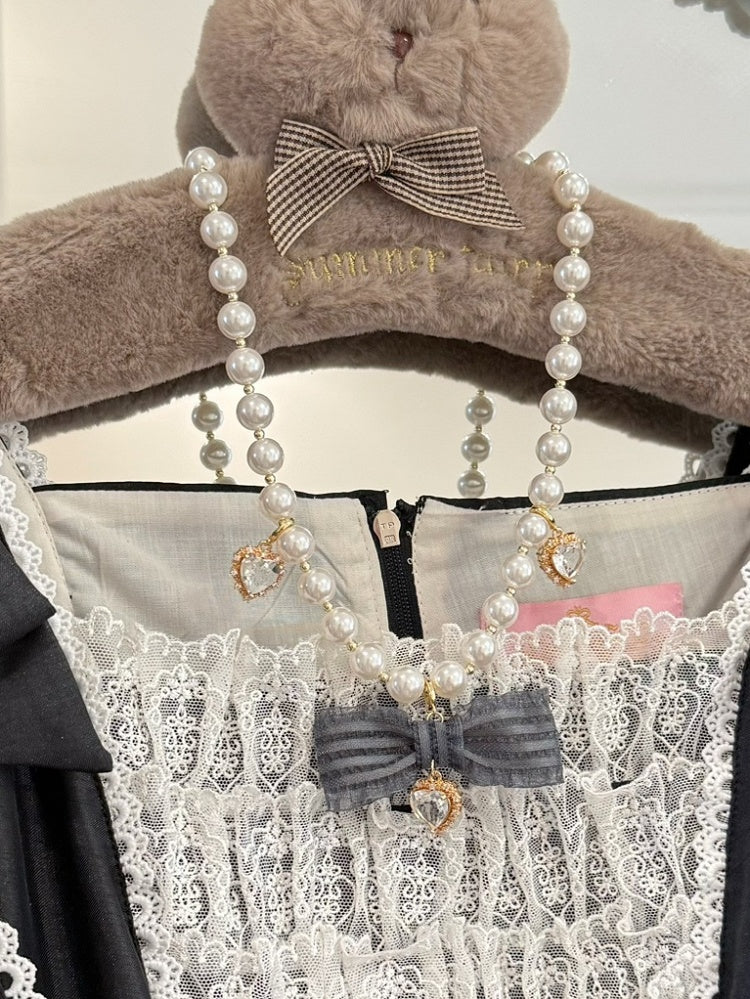 Blau/Grau Perlen Strass Und Halskette Herz Bowknot Anhänger