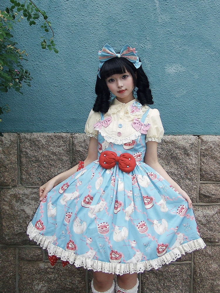 Lolita Blue Print Showa Sweet Cake Fashion Cherry and Dress Kitty