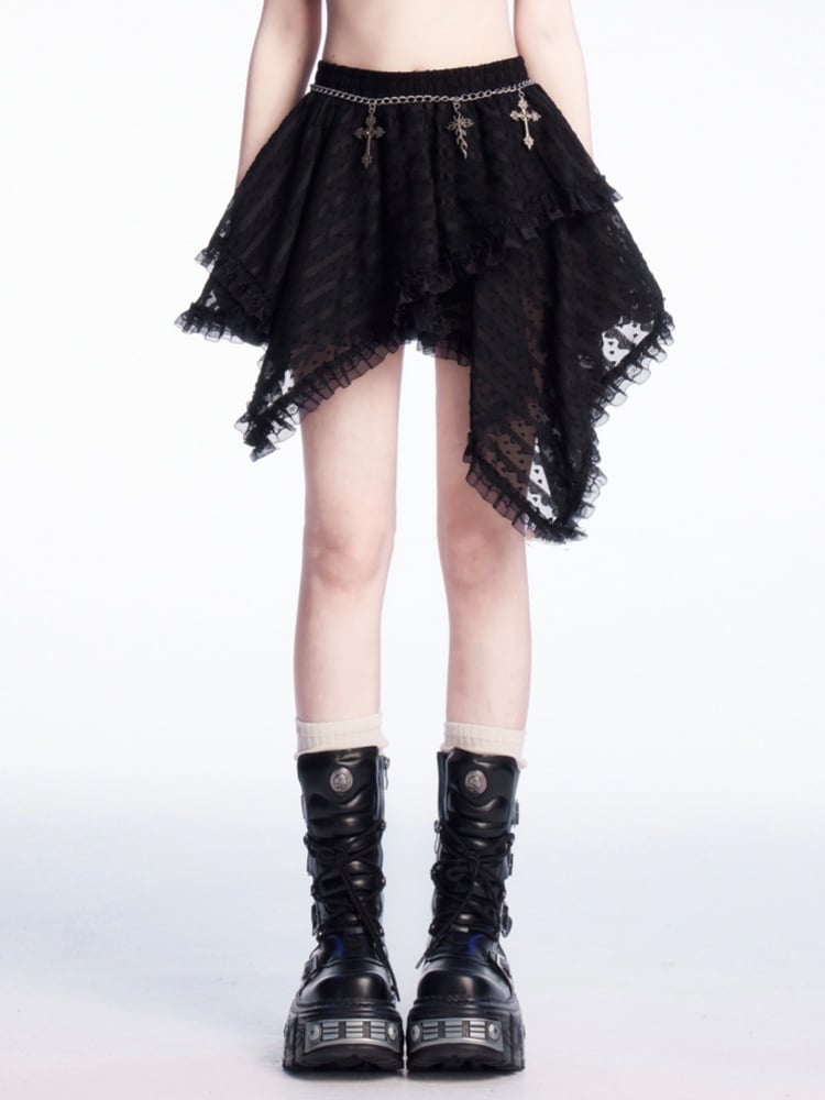 Black Handkerchief Hem Tiered Lace Skirt