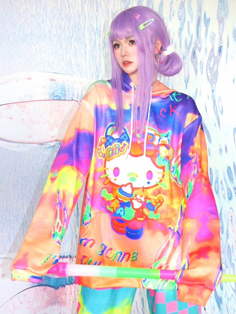 Letter And Y2K Kitty Print Hoodie Orange Fire
