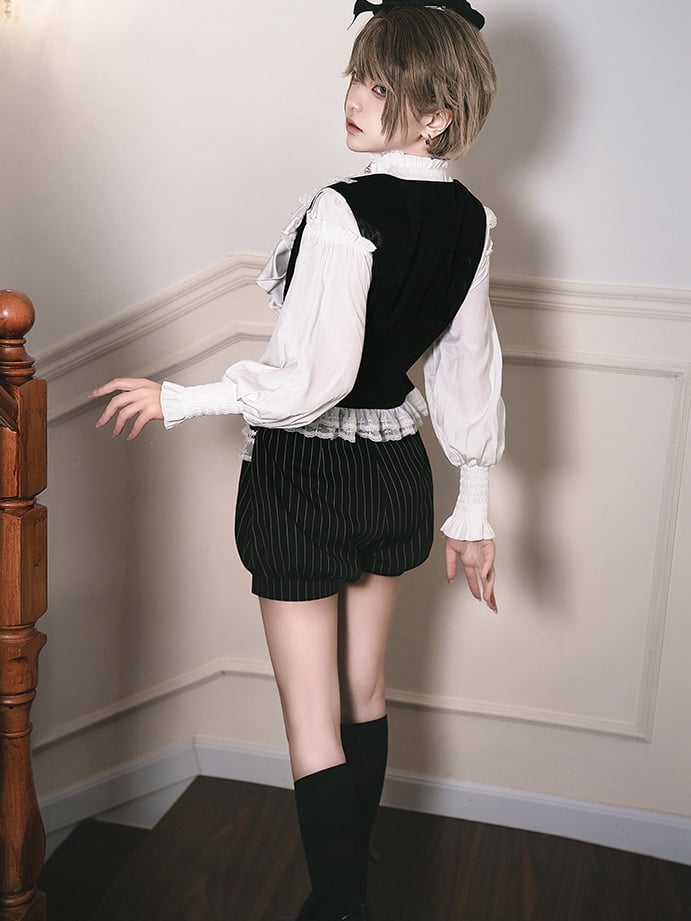 Weiße, gekreuzte Spitzensaum-Schwarze Ouji Lolita-Weste