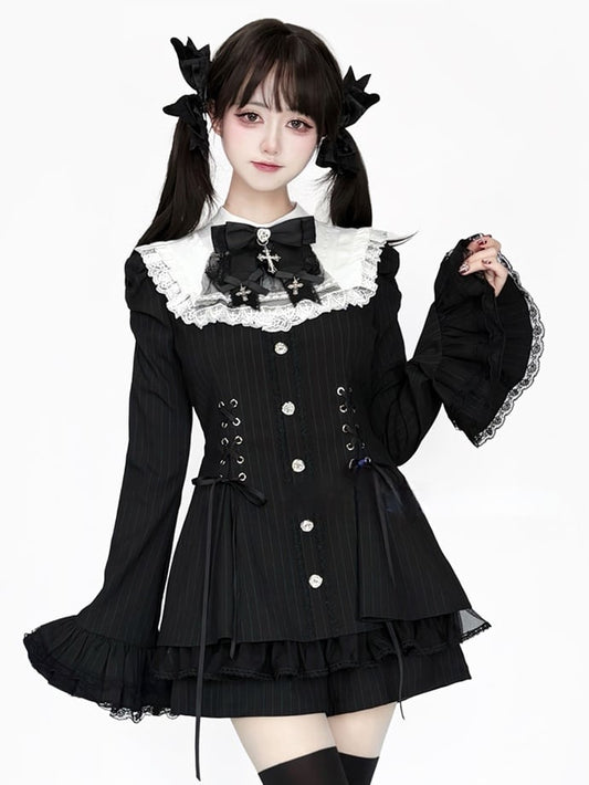 Black Kei - Tie Fashion Dress Sleeves Bow Waist Bib Striped Shorts Lace-Up Matching Outfit Jirai Bell with