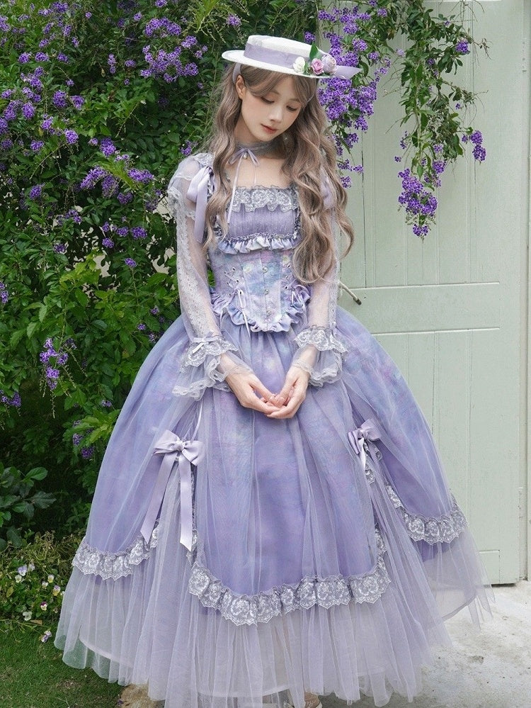 Print Elegant Classic Square Lolita Neckline Purple Painting Oil Full Set Skirt OP