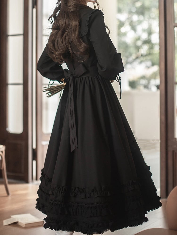 Blumenkragen, Vintage-Manschetten, Kleid mit Schnürärmeln, Hammelkeule mit schwarzer Stickerei