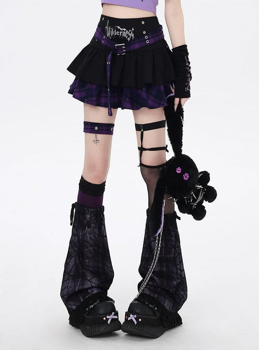 Garter Purple Plaid Buckle Belt and Black Lined Tiered Skirt with Cross Design Y2K