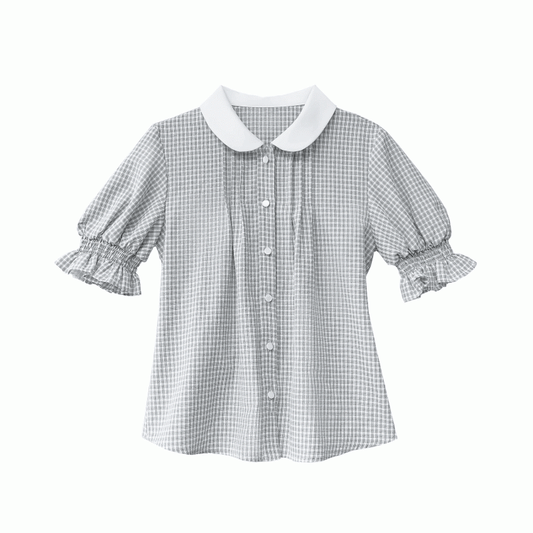 Puff Peter Plaid Blue Dusty Bluse Kragen Pan mit Ärmeln