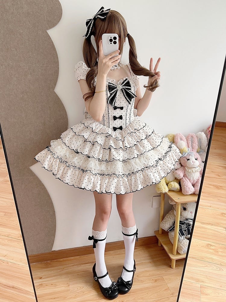 Süßes Lolita-Kleid mit Punkten, vielseitigem OP/JSK-Design und gestuftem Saum, Weiß