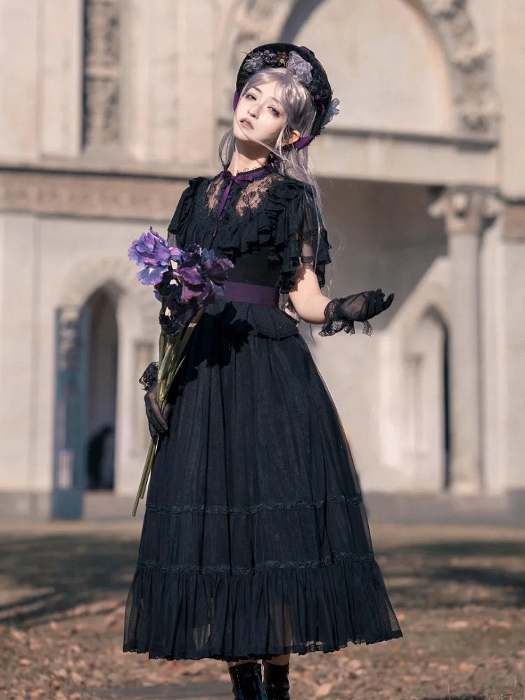 Lolita Butterfly Belt Black Dress Waist Elegant Classic with Sleeves Illusion Neckline Purple Edward