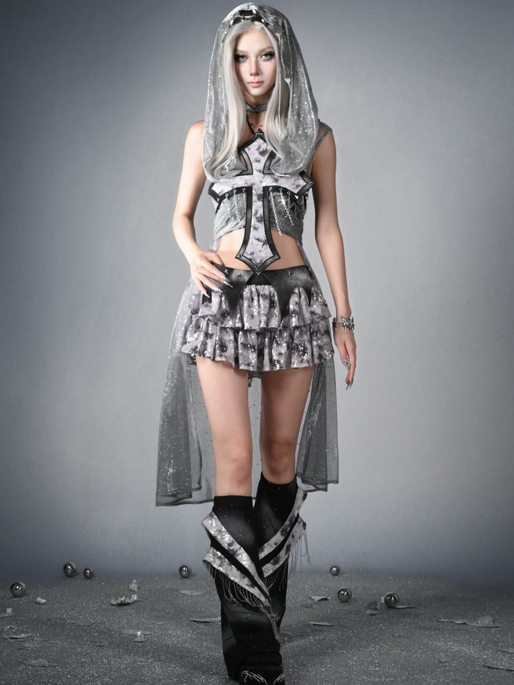 Decorated Cross Strapless Cyberpunk Top Fashion Y3K Chains Futuristic Black Silver Sequins and