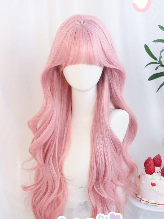 80-85cm Wavy Bangs Pink WIth Long Wig