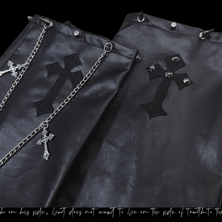 with Gothic Punk Black Cross Applique PU Studded Glamorous Chain Leg Warmers