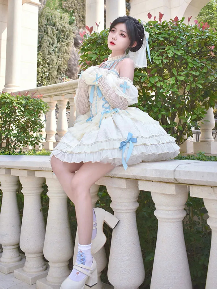 Cross Belle Beige and Blue Halter Neck Corset Dress Balletcore Lolita JSK