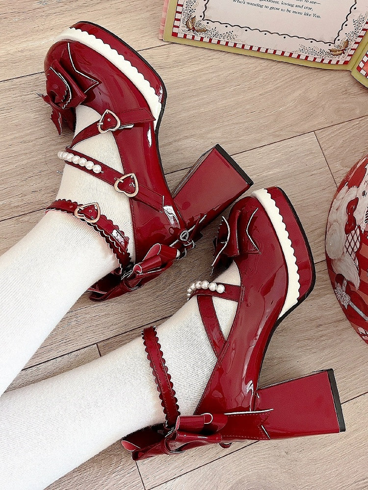 Heart Sweet Red PU Lolita Buckles Strap Bow Bead-Embellished Janes Leather with Mary Accents in Wine