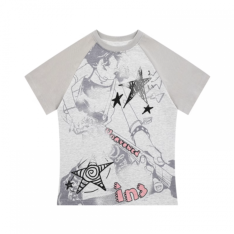 Graues, eng anliegendes T-Shirt mit Colorblock-Design und Y2K-Print