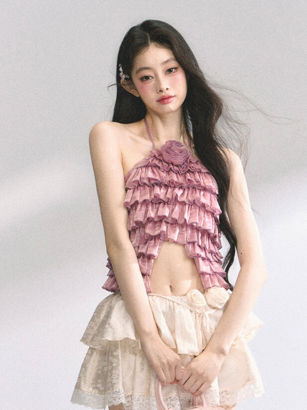 Halter Neck Top Apricot/Pink Decorated Tiered Ruffles Floral