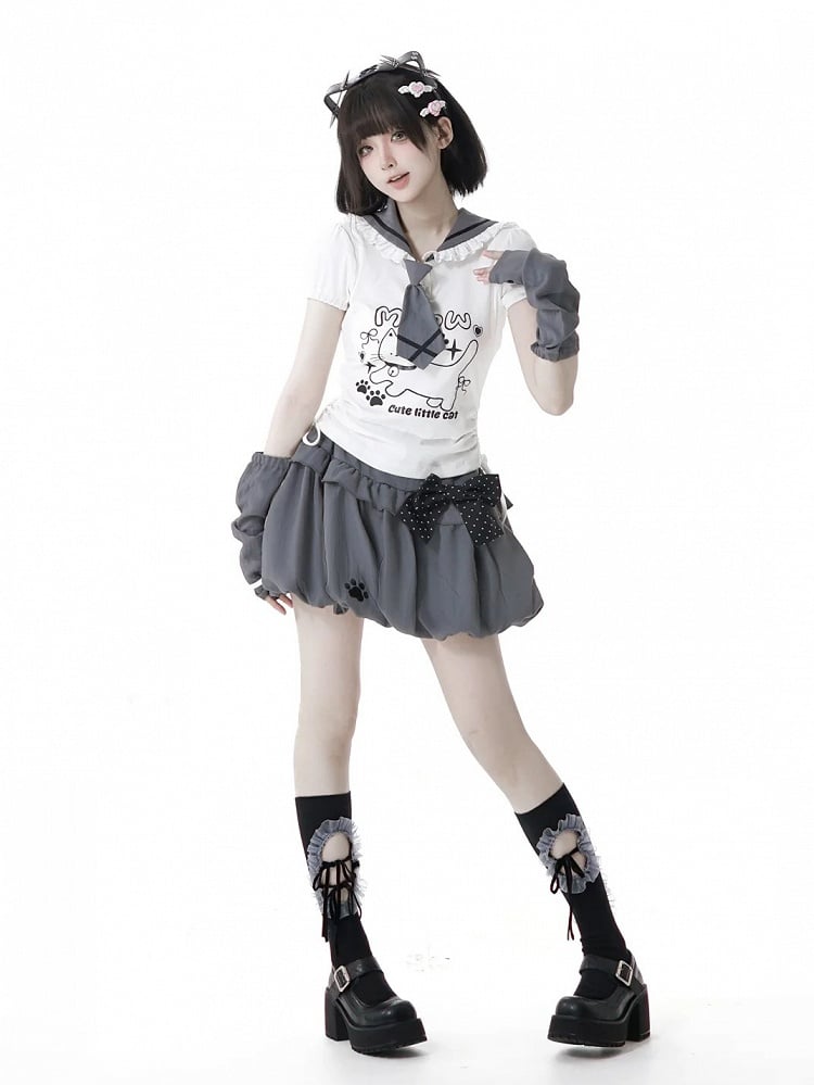 Side Armwear Free Ears with T-shirt Kitty Design Sailor Collar White Drawstring