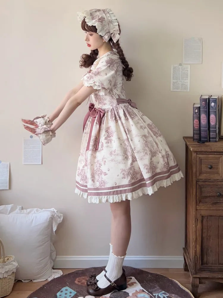 Lolita-Kragen-Print Pan Dusty Grapes Kurzes lila Ärmelkleid Peter