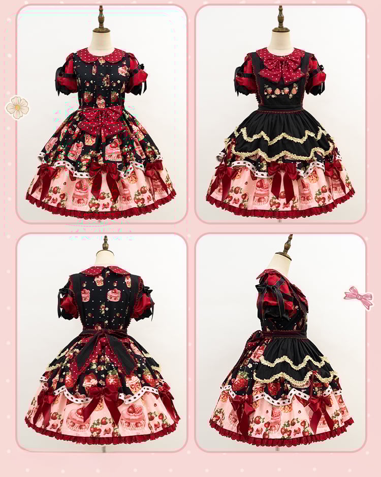 Lolita-Kleid mit süßem Peter-Pan-Kragen und Erdbeer-Print in Schwarz und Rot
