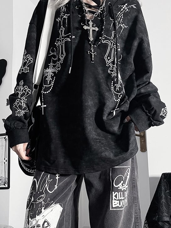 Lace-up Design Cross Hoodie Dye Bittersweet Tie Details Black