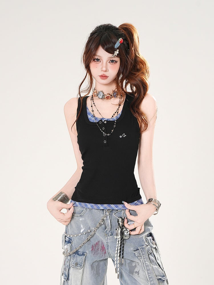Tank Top Black and Blue Plaid Faux Two-pieces Slim-fitting