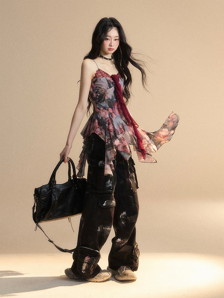 Painting Red Oil Cami Top Asymmetrical Flounce Embellished Hem Floral Glamorous