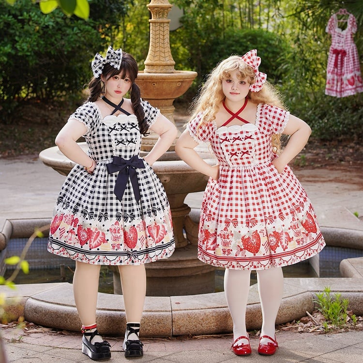Black Strawberry Print Plus Lolita Gingham and Dress Bow Size