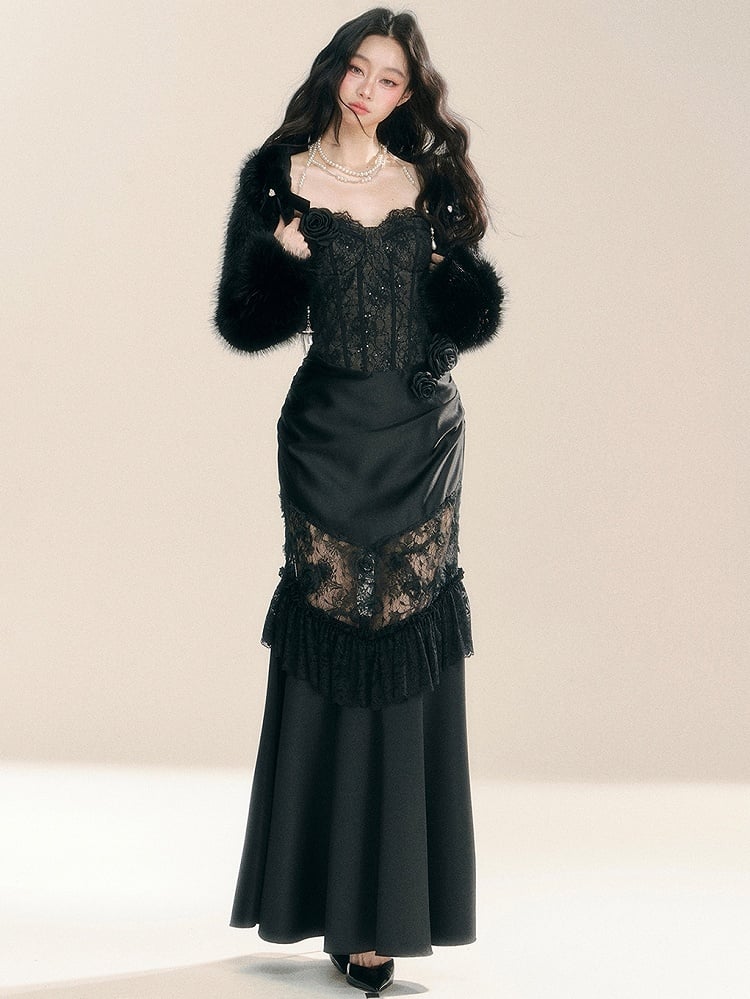 Schwarzes Blumenspitze Korsett Mieder Patchwork Kleid Abendkleid