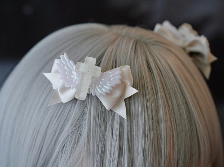White Gothic Cross Wing Bow Hairclips