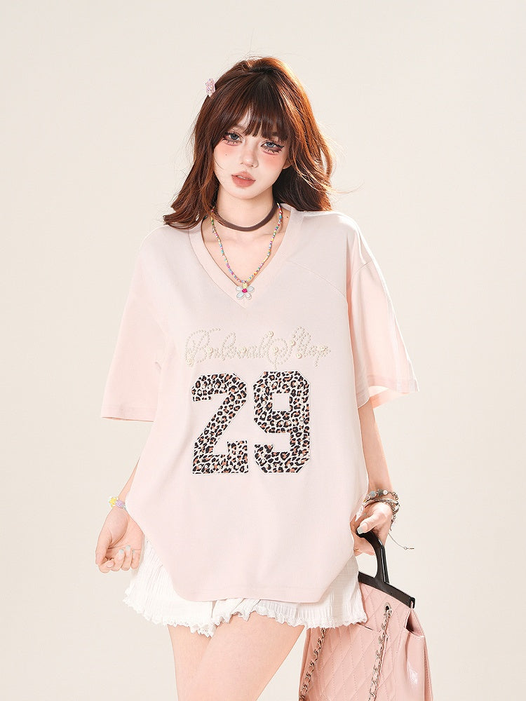 Pink Beaded Letter Leopard Pattern Number V-Neck T-Shirt