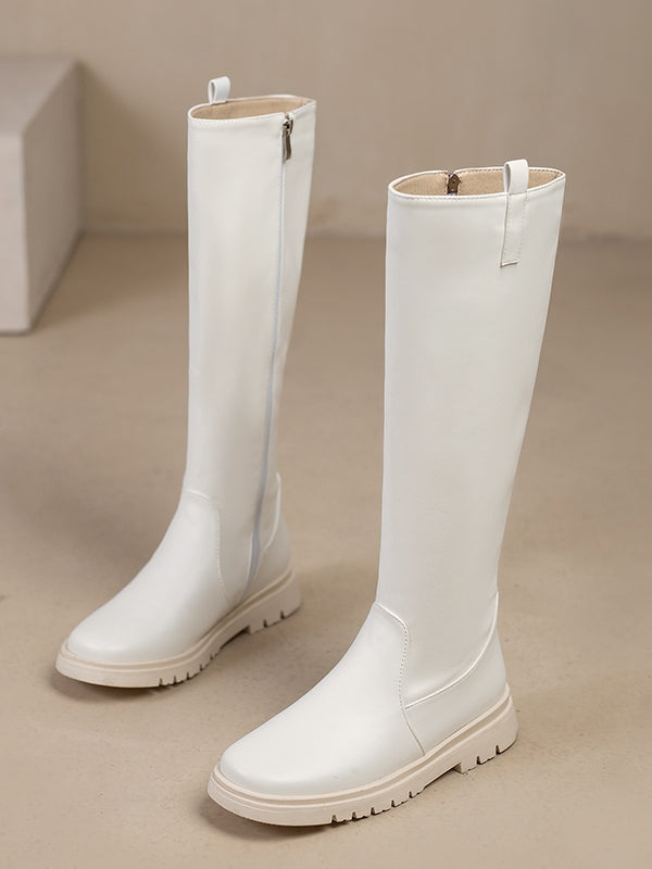 Verschluss: Weiße kniehohe Stiefel mit Reißverschluss, normale/dicke PU-Version, Lederinnenseite mit -