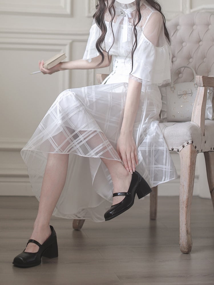 Innocent White Clean Cape Design Top Aesthetic Illusion Neckline and Trim Lace with